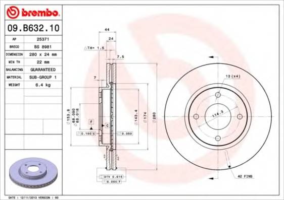 BREMBO 09.B632.10 Тормозной диск