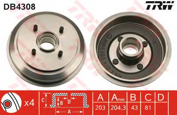 TRW DB4308 Тормозной барабан TRW DB4308 Тормозной барабан