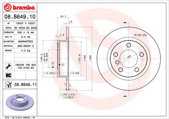 BREMBO 08B64911 TARCZA HAM. COOPER TY