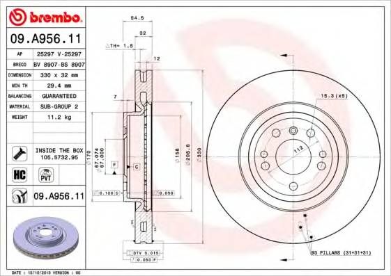 BREMBO 09A95611 TARCZA HAM. ML W166 11-